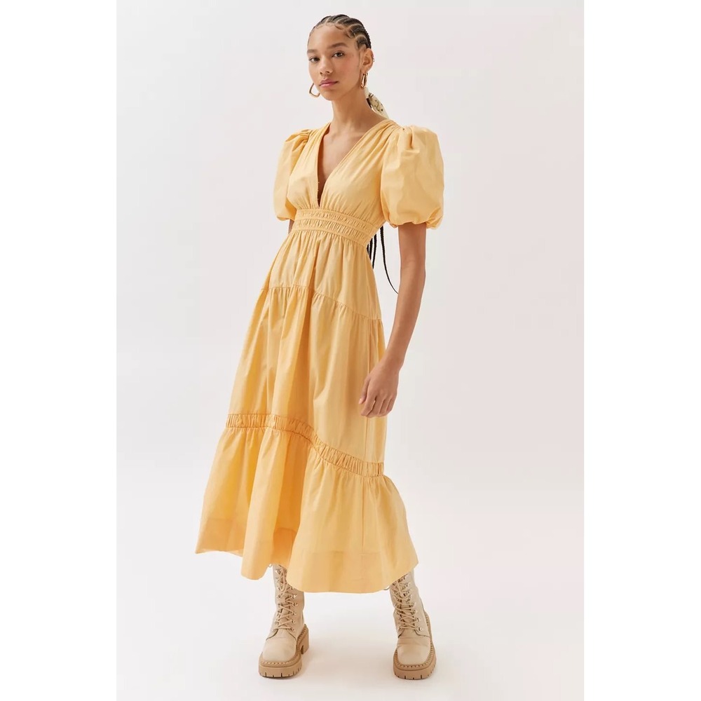 Minkpink Puff Sleeve Tiered Maxi Dress Butter Yellow S Cottagecore Romantic